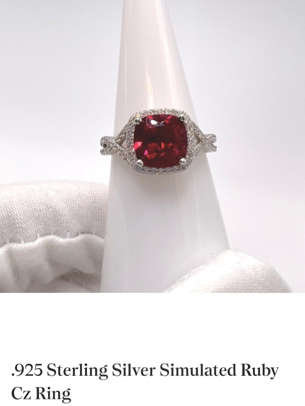 Sterling Silver Simulated Ruby Cushion Halo Ring - Red